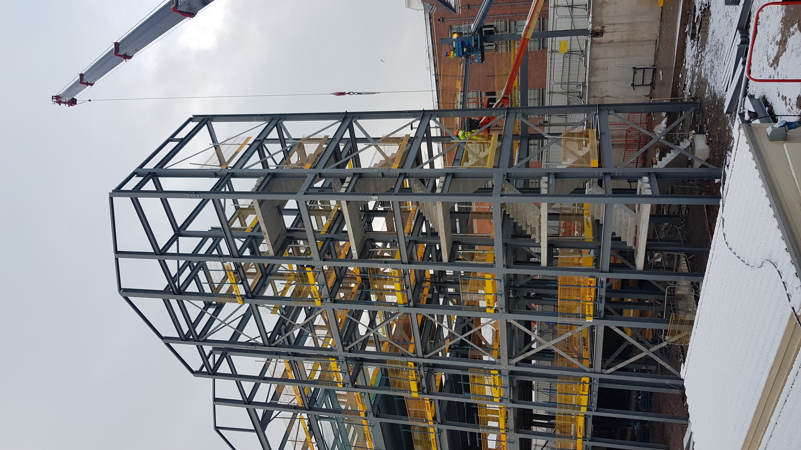 Steel frame and stair core during construction at Belong Chester