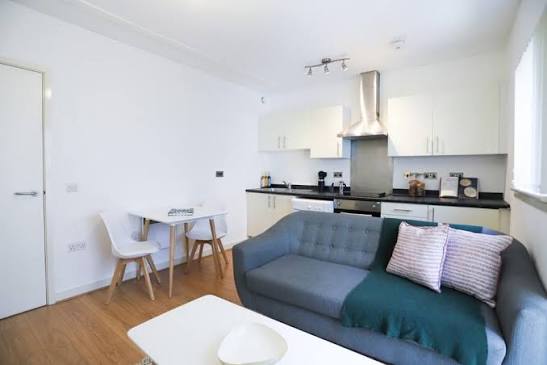 Apartment living, kitchen and dining space