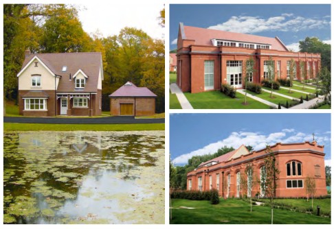 Montage of a detached home and restored buildings at Kingswood Park